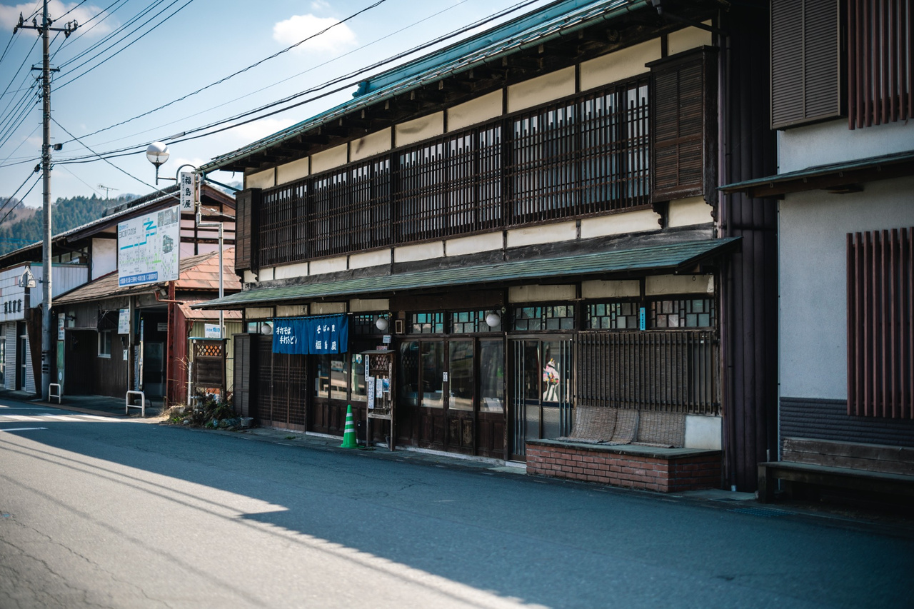 Wooden exterior of Fukushimaya opposite Mitsumineguchi Station in Chichibu.