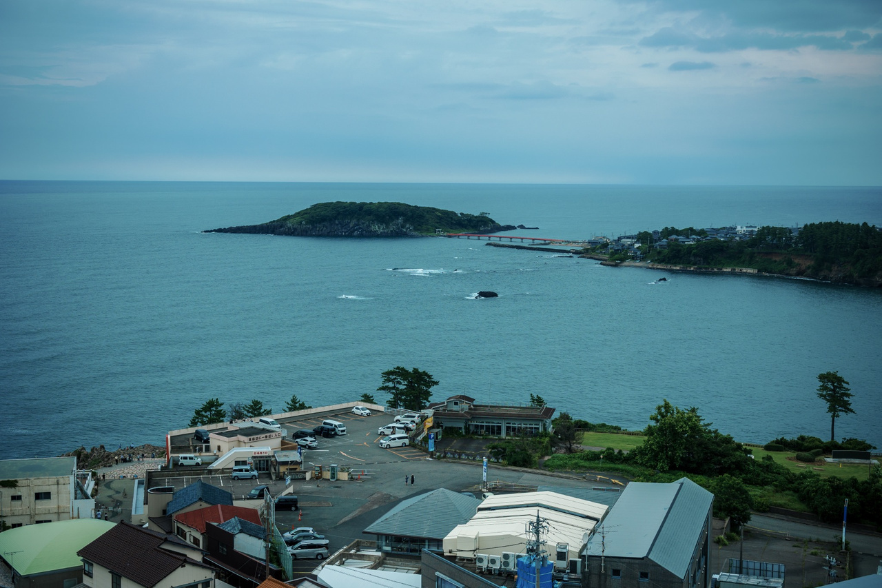Sea of Japan and surrounding coastline seen from the observation deck of Tojinbo Tower.