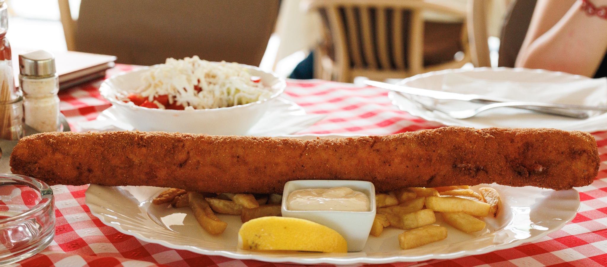 A long golden Karađorđeva šnicla stretching beyond an oval plate, with chips, lemon and sauce at Balkan Ekspres 021.