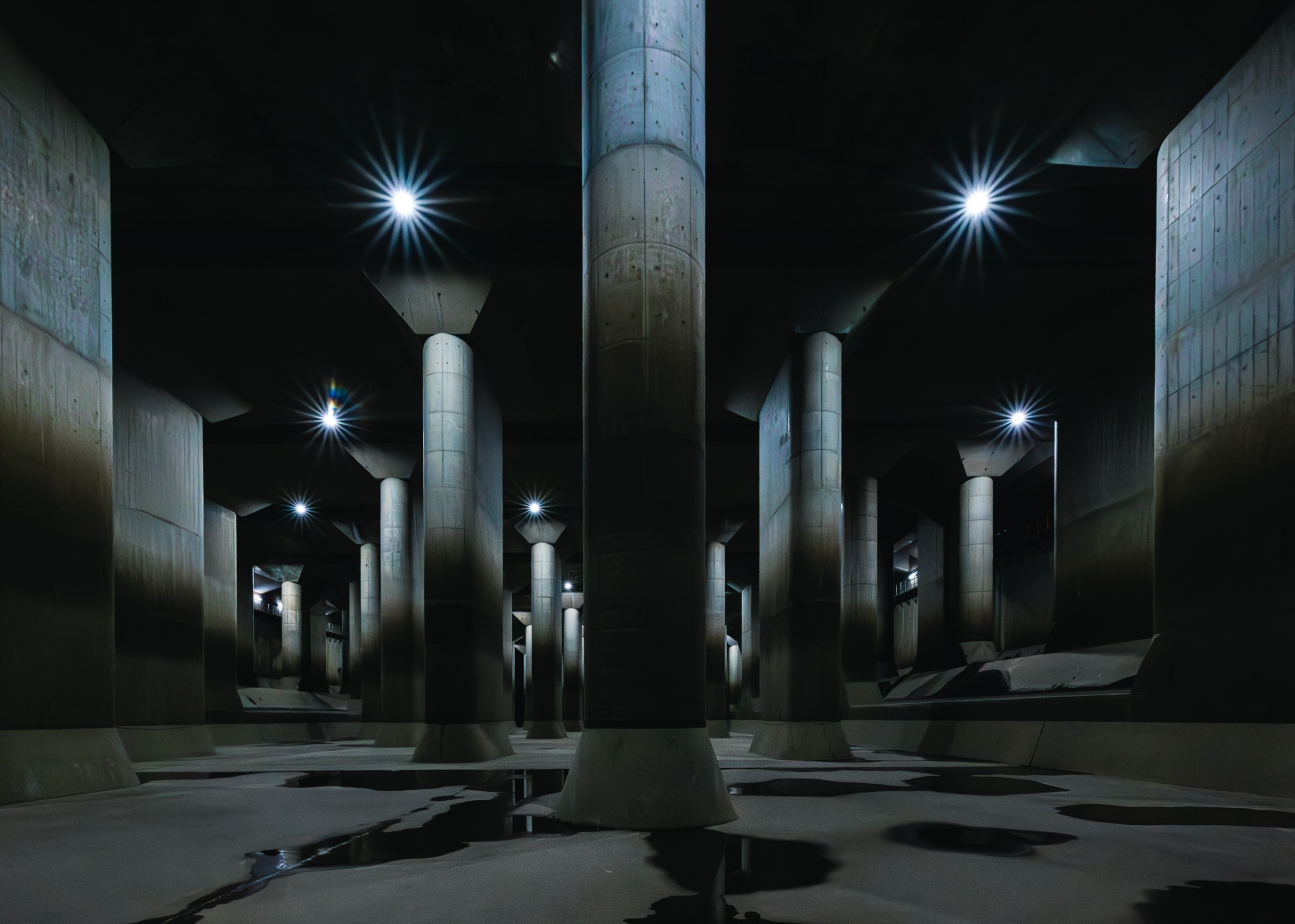 Rows of massive concrete columns inside the Underground Temple in Kasukabe, Saitama.