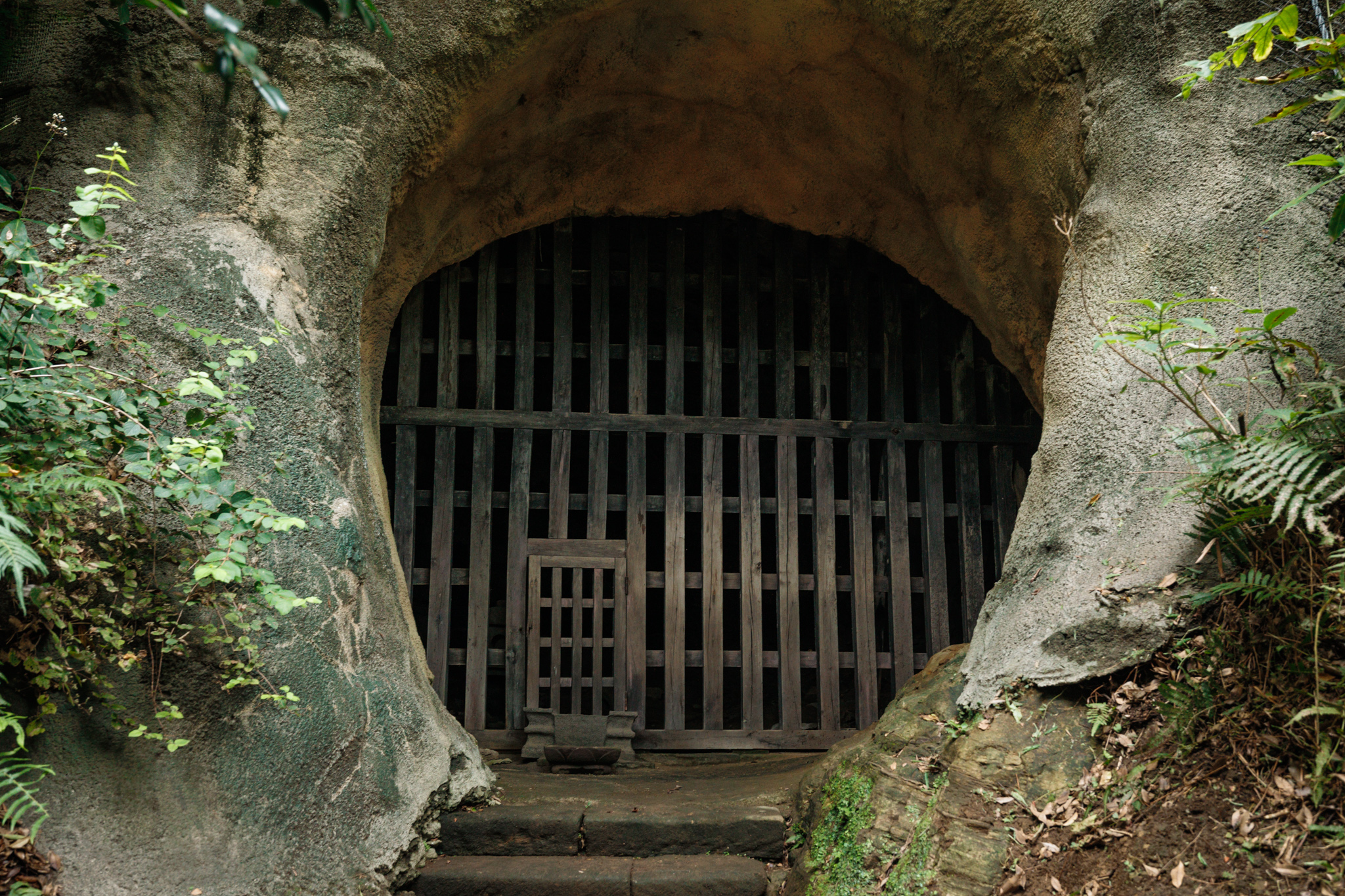 A wooden lattice with a small barred door filling an arched opening cut into a rock face, with stone steps in front and ferns at the edges