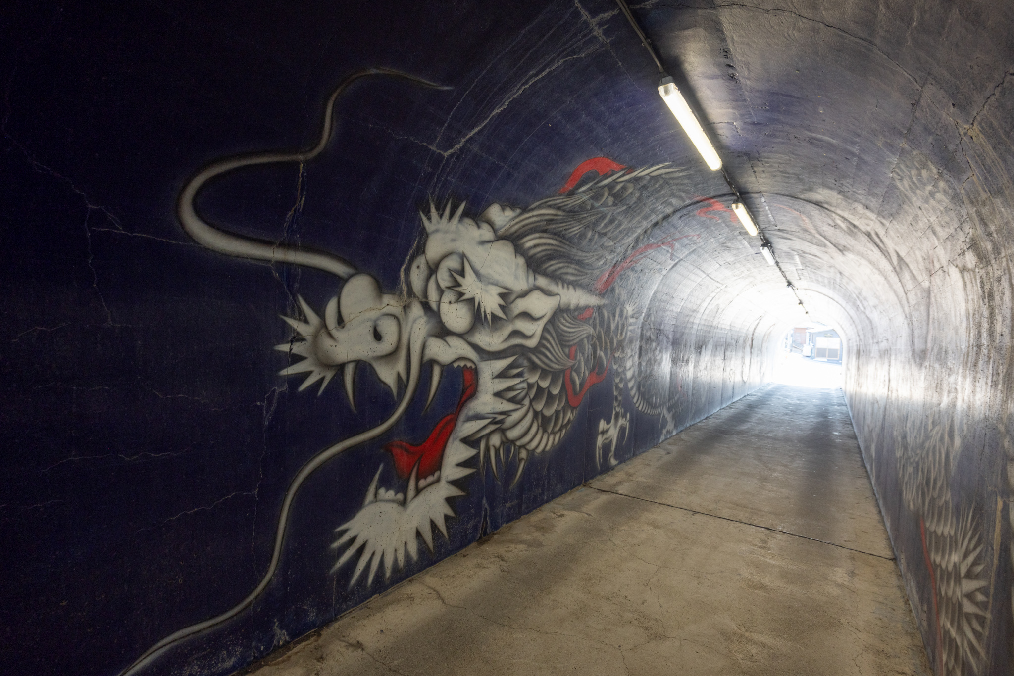 A white dragon with an open red mouth painted along the dark wall of a lit tunnel that stretches towards a bright opening