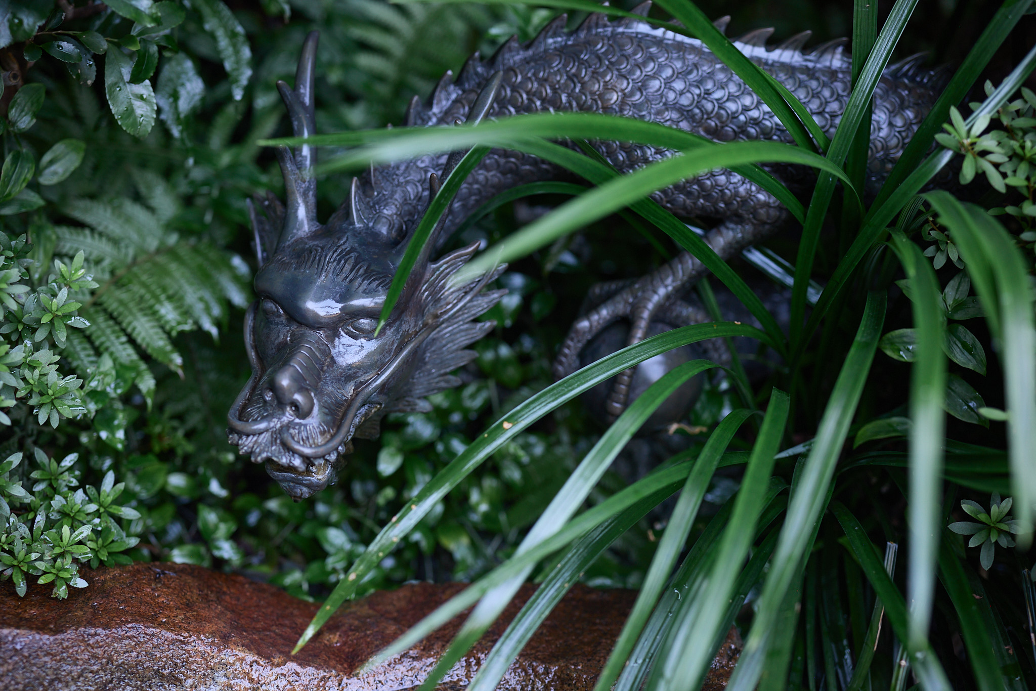A dark metal dragon with long horns and whiskers, half hidden among long green leaves