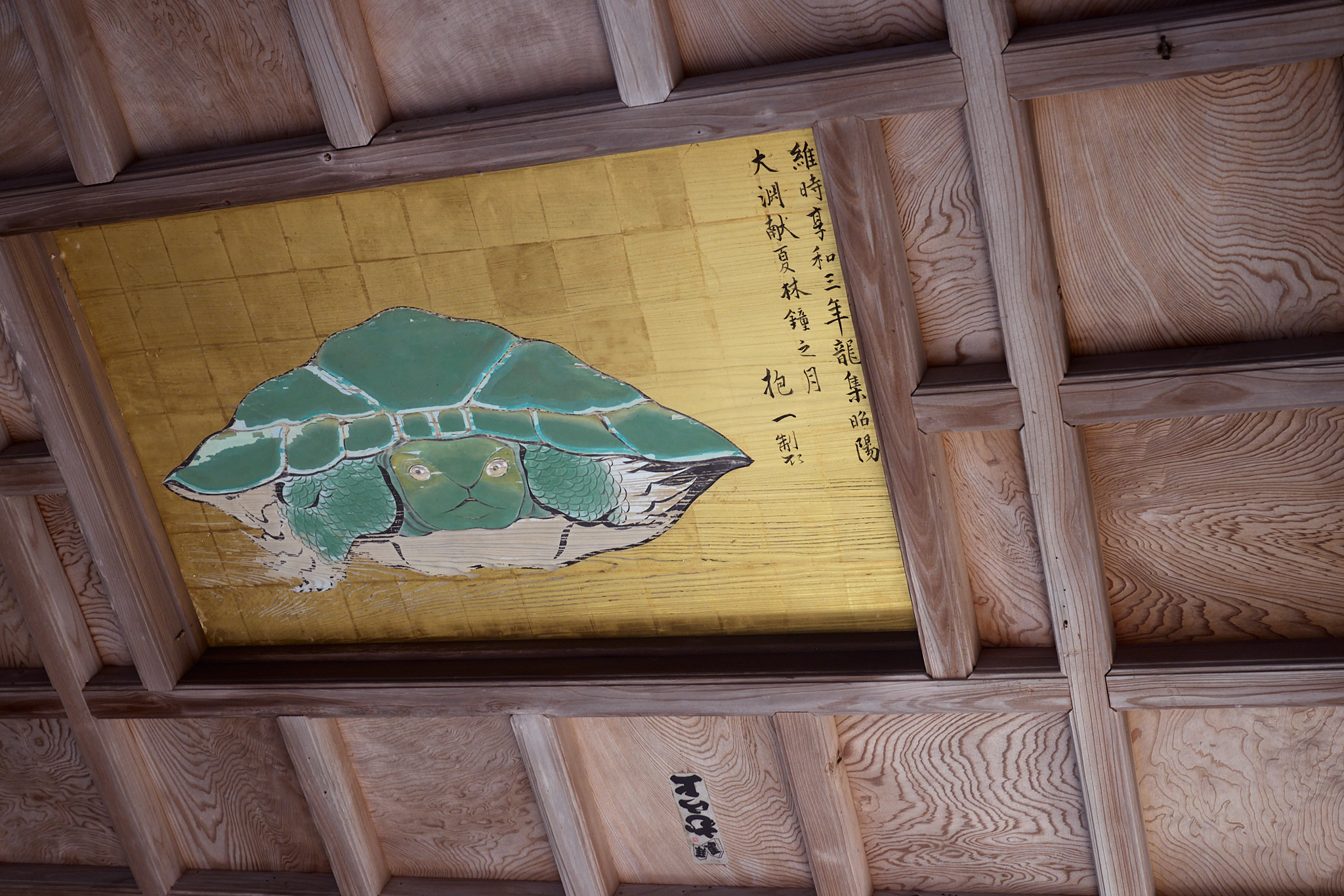 The same ceiling turtle seen from the opposite side, the gold panel tilted the other way among the beams