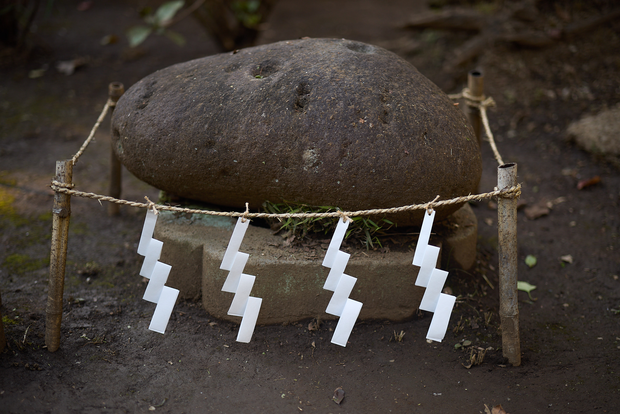 A large, rounded, pitted boulder on a low stone base, roped off with a straw rope hung with white paper streamers