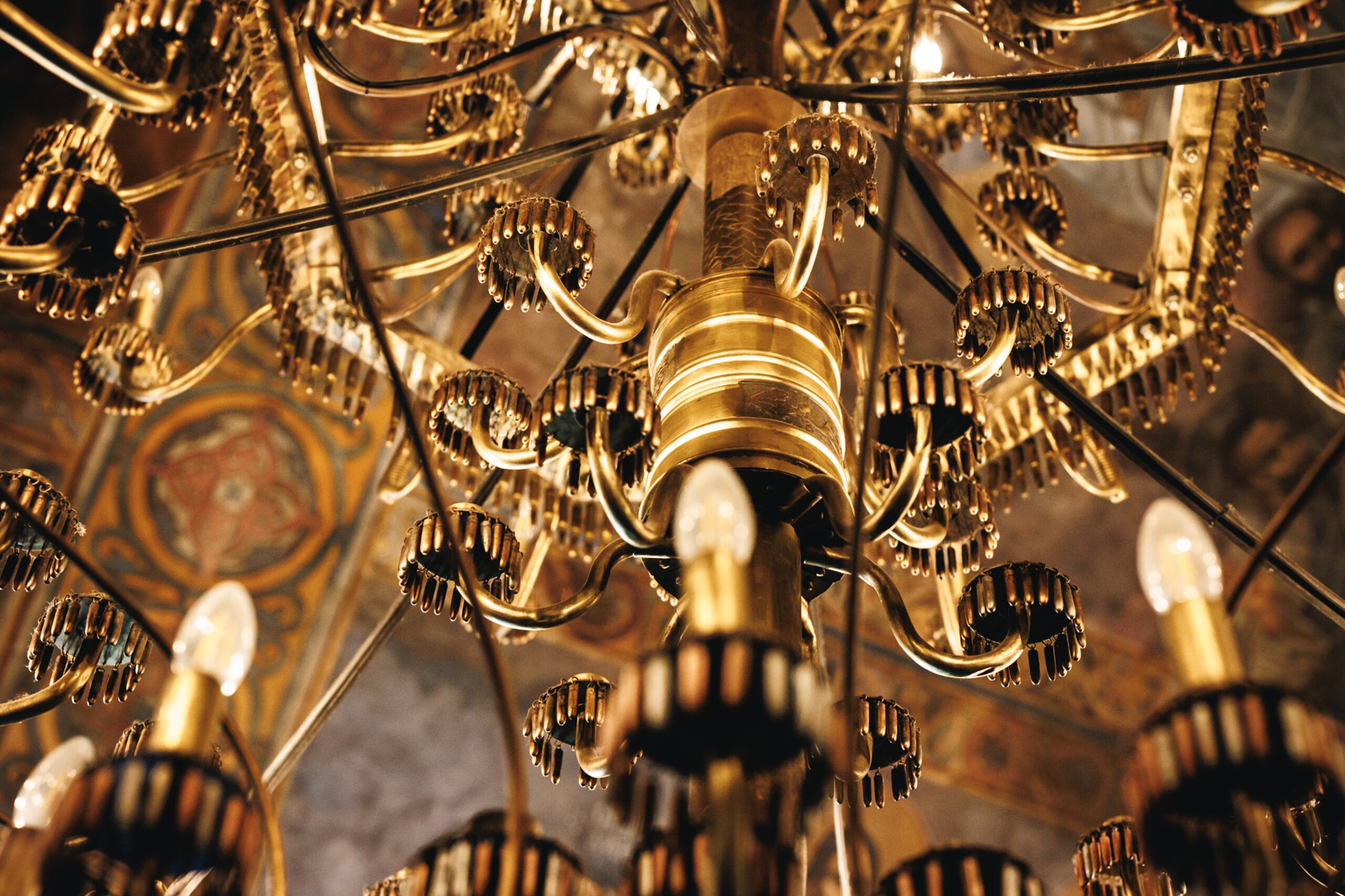 A chandelier made with sabres and ammunition inside Ružica Church in Belgrade Fortress.