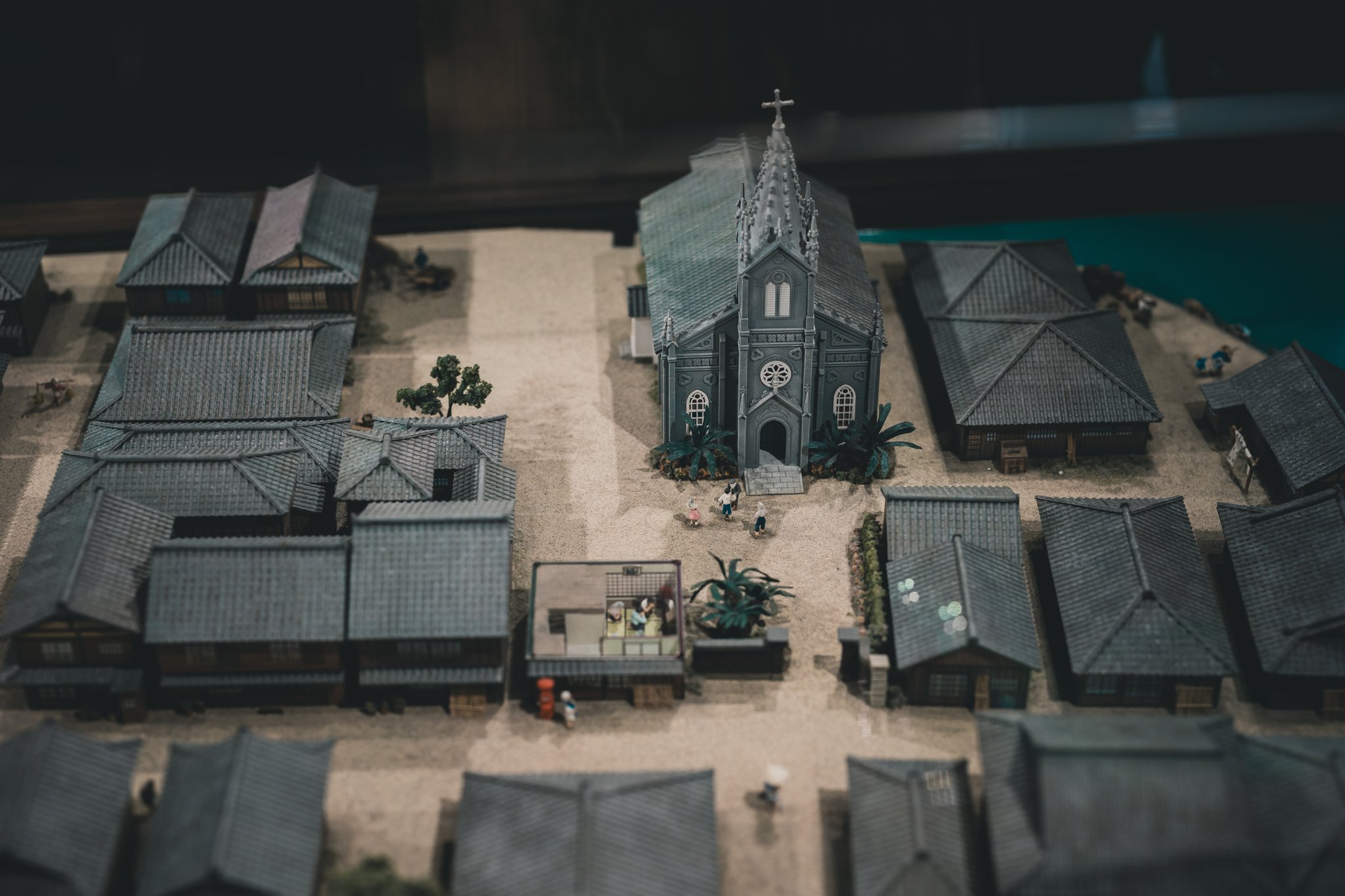 A model of Sakitsu village with the Gothic church at its centre, surrounded by tiled-roof houses