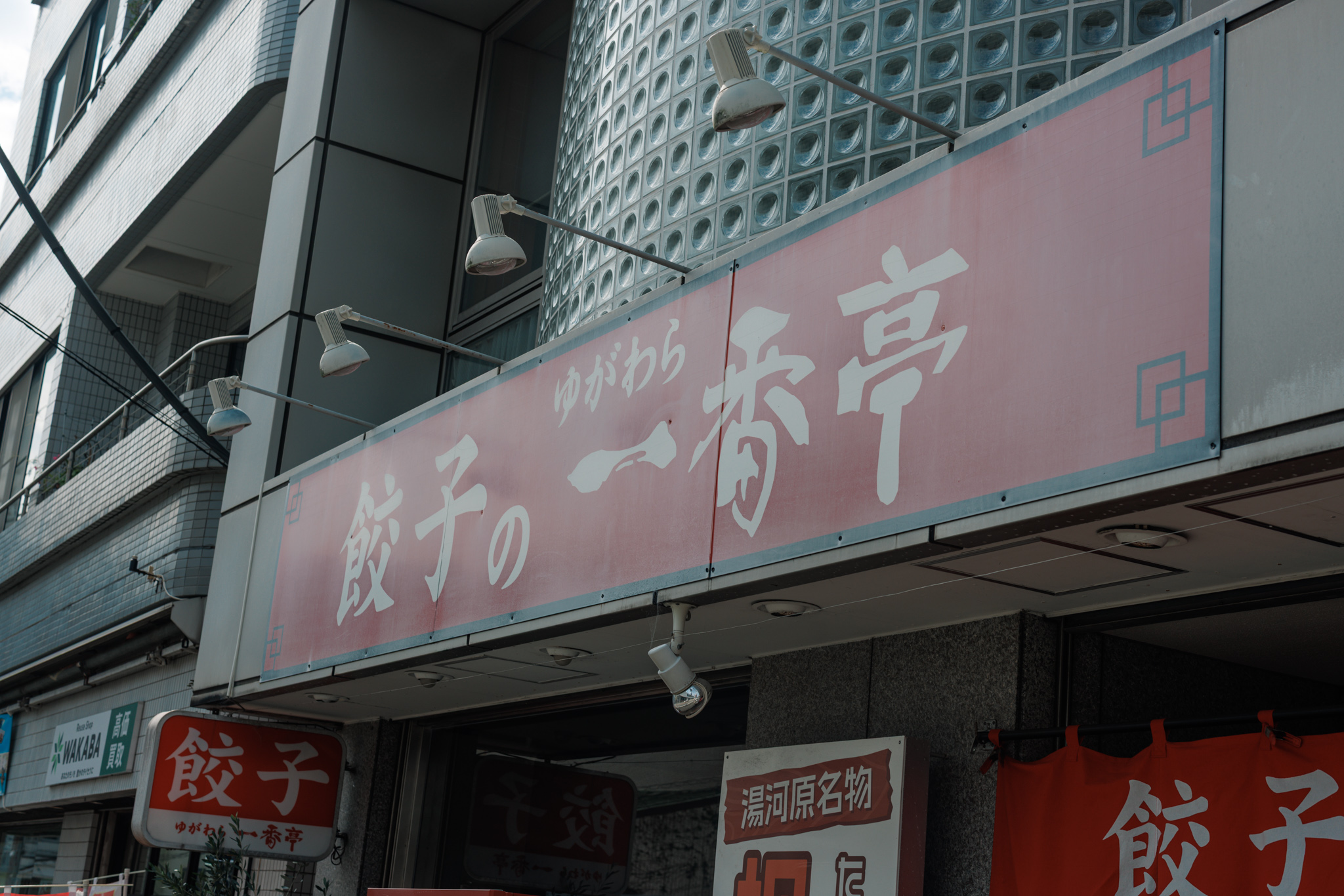 A long pink sign reading 餃子の ゆがわら 一番亭 above a restaurant entrance, with spotlights along the top, glass blocks behind and smaller gyoza signs below